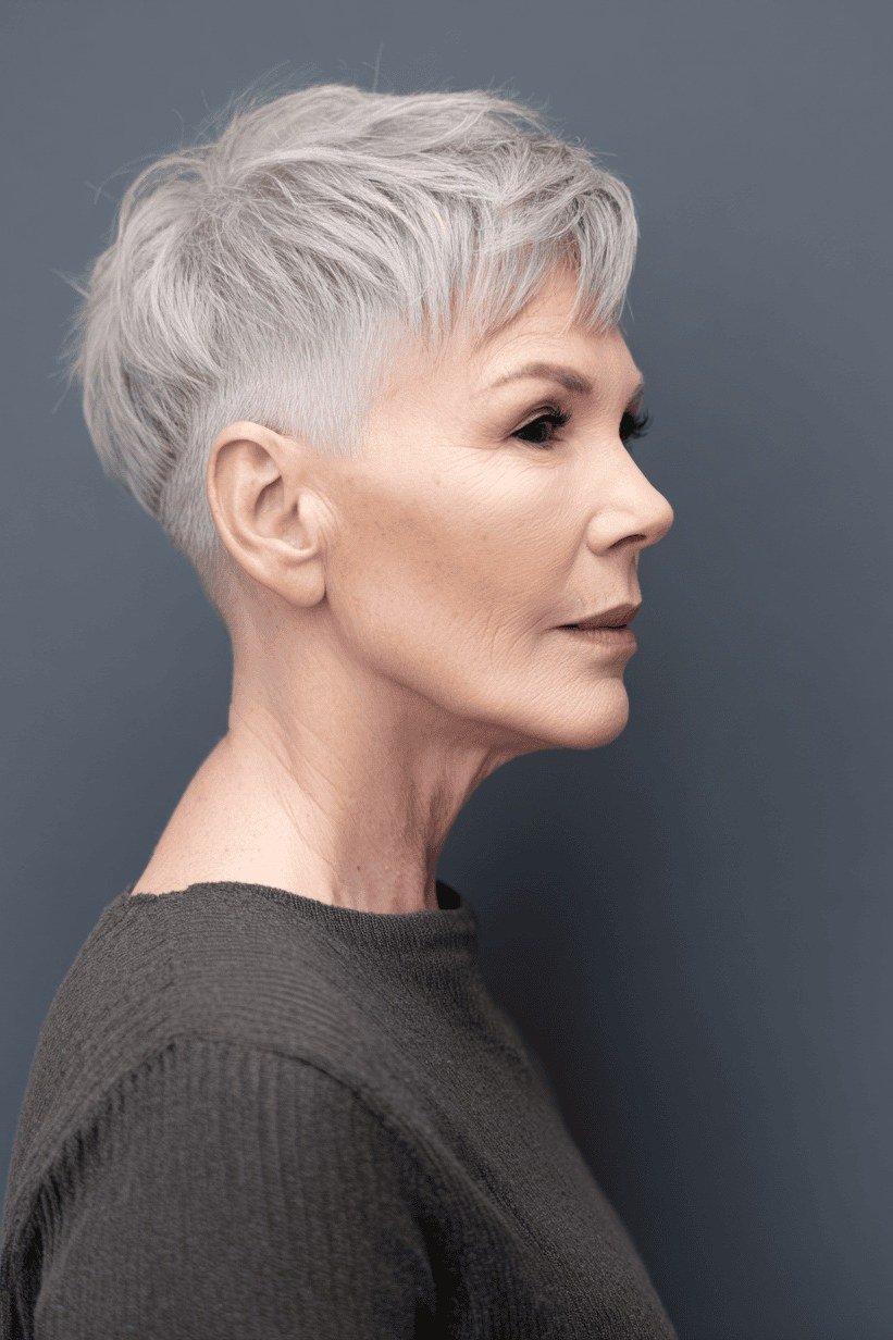 Silver undercut pixie haircut for women over 60 with short sides