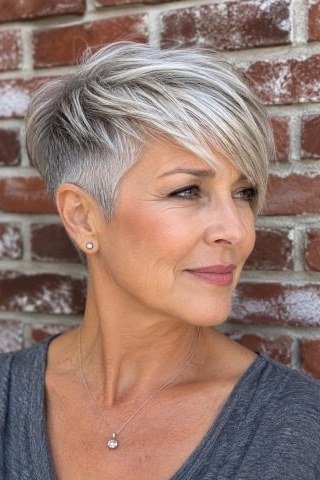 Gray pixie haircut for women over 60 against brick wall, three-quarter view