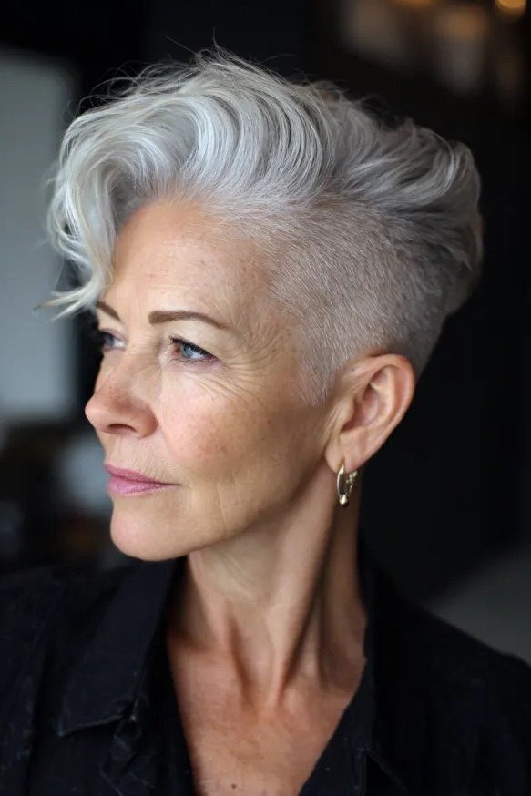 Classic silver pixie haircut for women over 60, three-quarter view