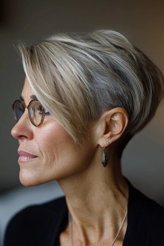 Gray blonde pixie haircut for women over 60 with glasses, side view