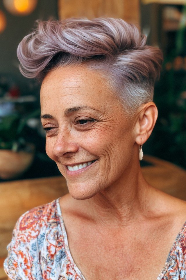 Silver quiff pixie haircut for women over 60, front view