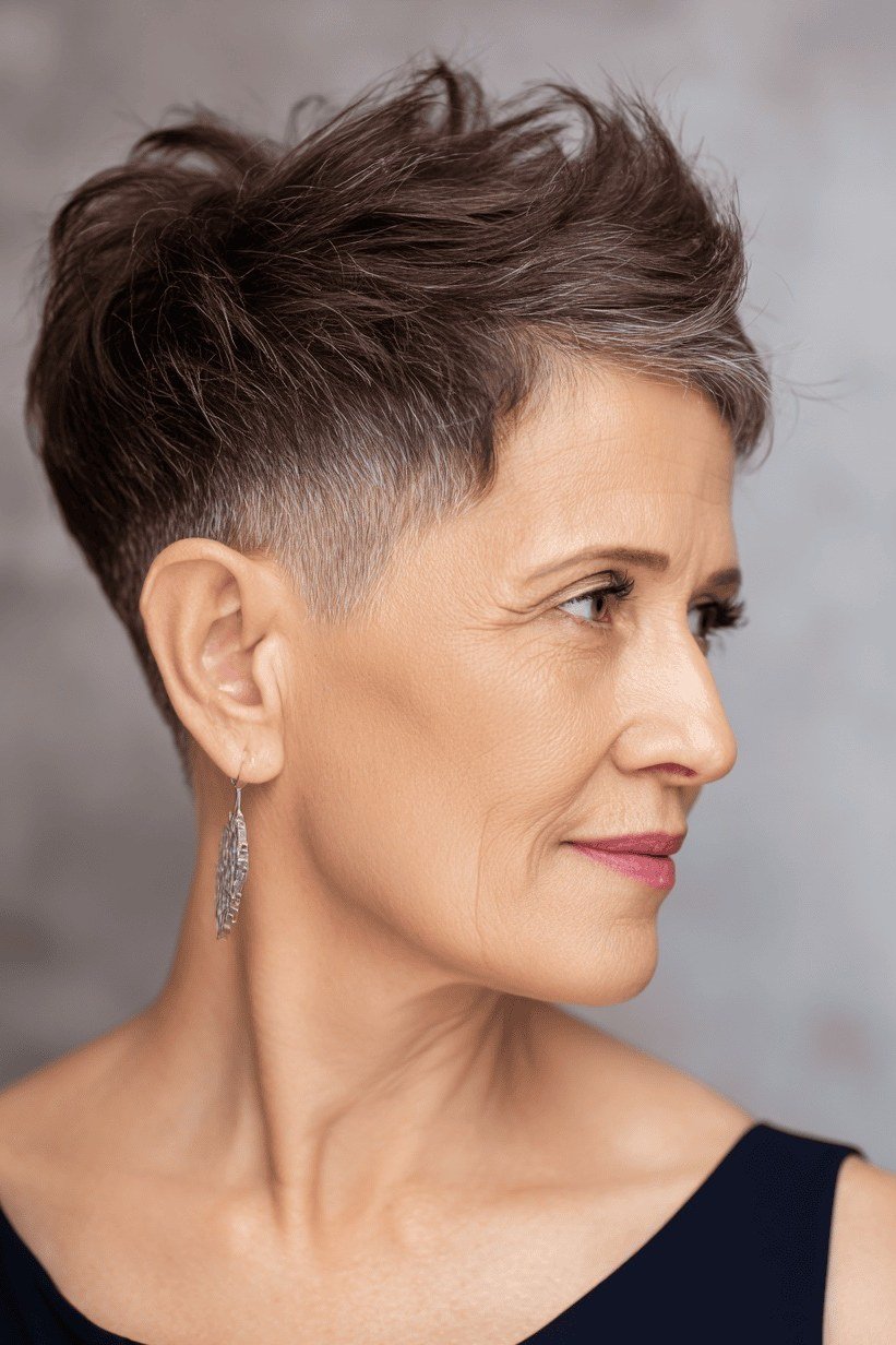 Dark brown side swept pixie haircut for women over 60