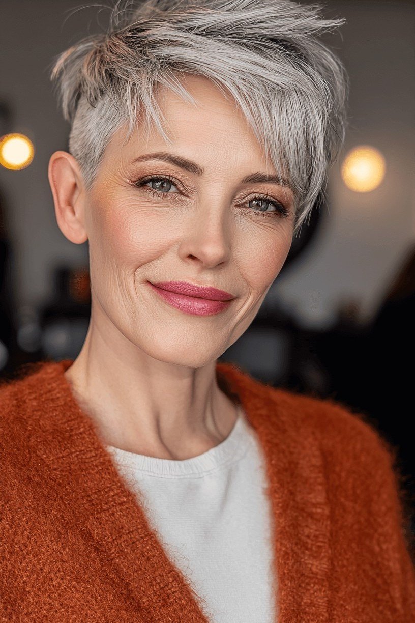 Silver pixie haircut for women over 60 in rust cardigan, front view