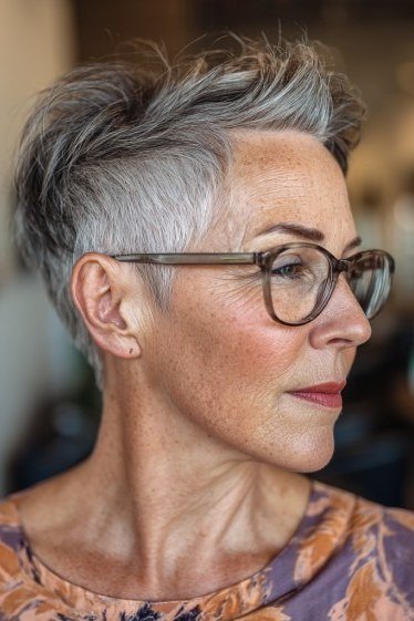 Gray pixie haircut for women over 60 with round glasses