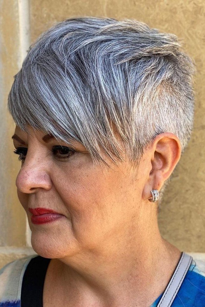 Gray pixie with side swept fringe for women over 60, side view