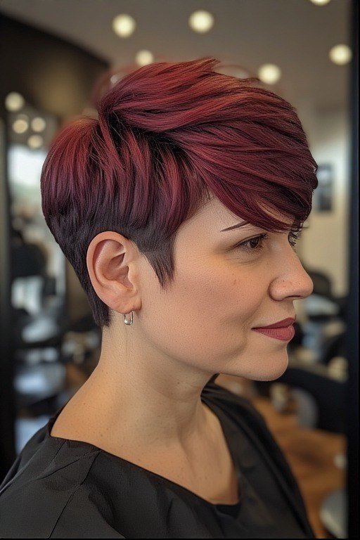 Burgundy pixie haircut for women over 60, side view