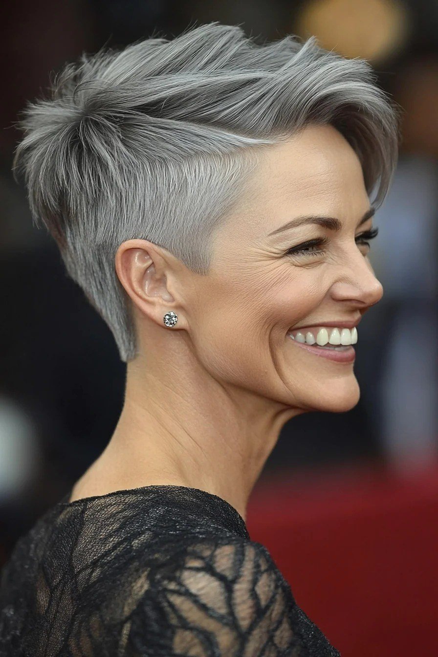 Silver pixie haircut for women over 60 laughing, side view