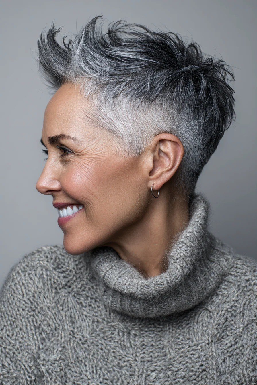 Spiky salt and pepper pixie haircut for women over 60