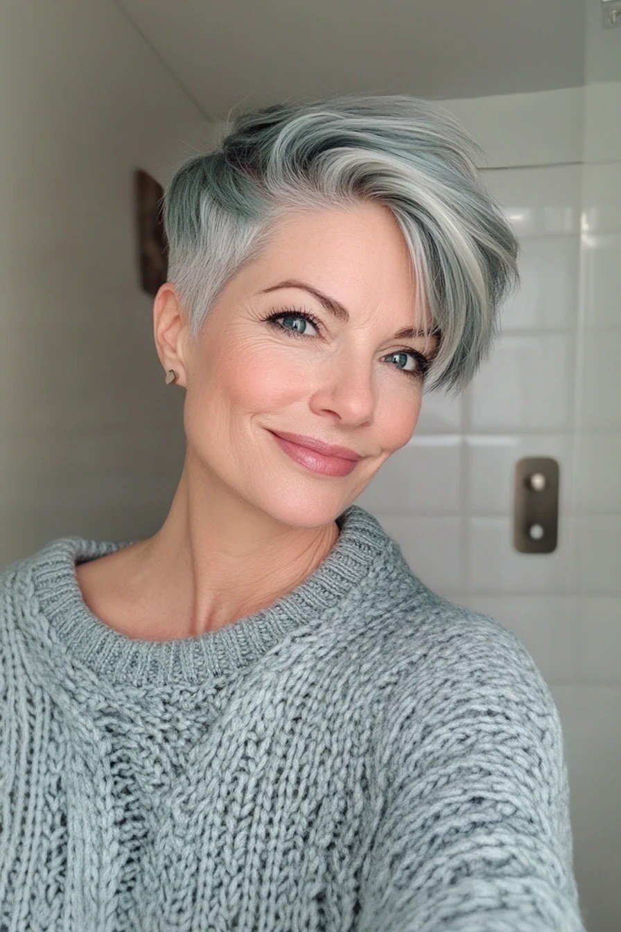 Silver pixie haircut for women over 60, selfie style