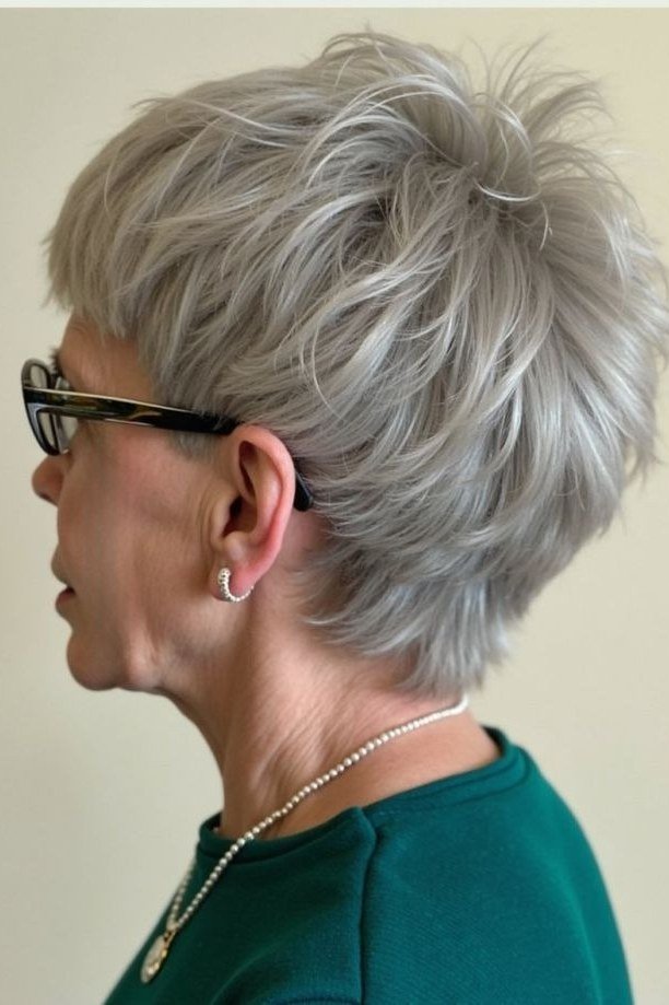 Gray pixie haircut for women over 60 with black glasses, side view