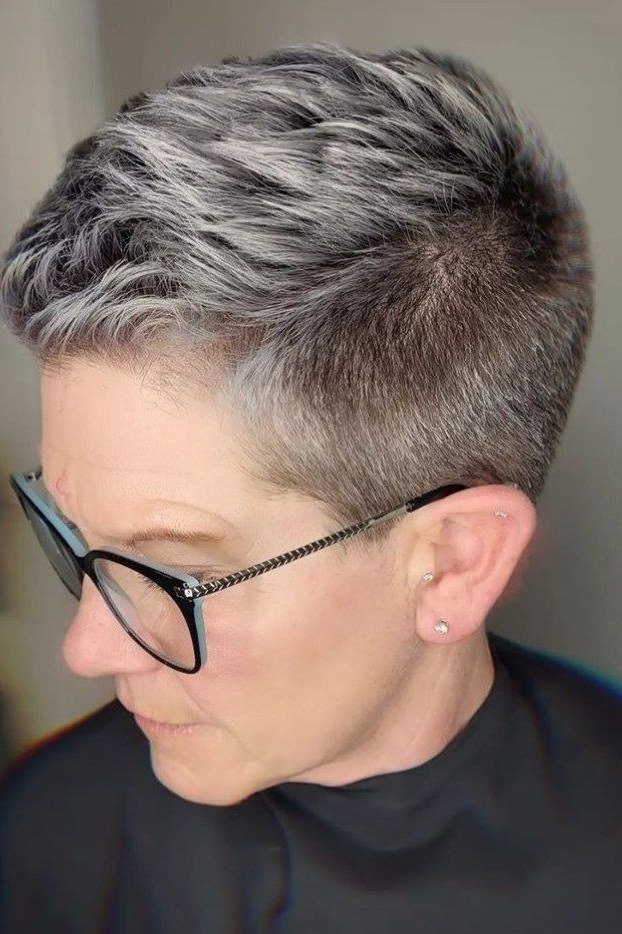Gray pixie with textured crown for women over 60, glasses