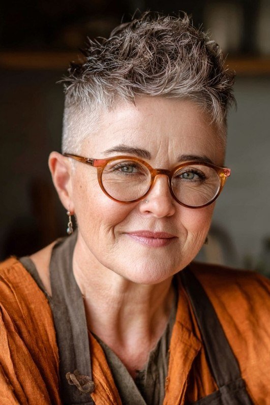 Silver gray pixie haircut for women over 60 with glasses, front view