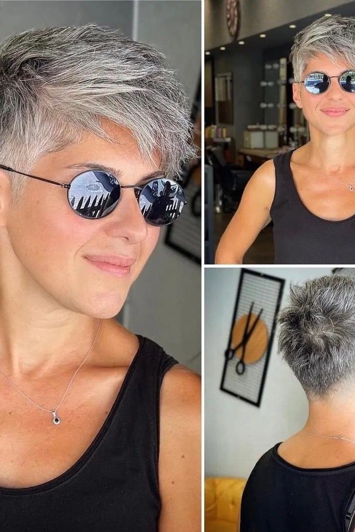 Gray pixie haircut for women over 60 with sunglasses