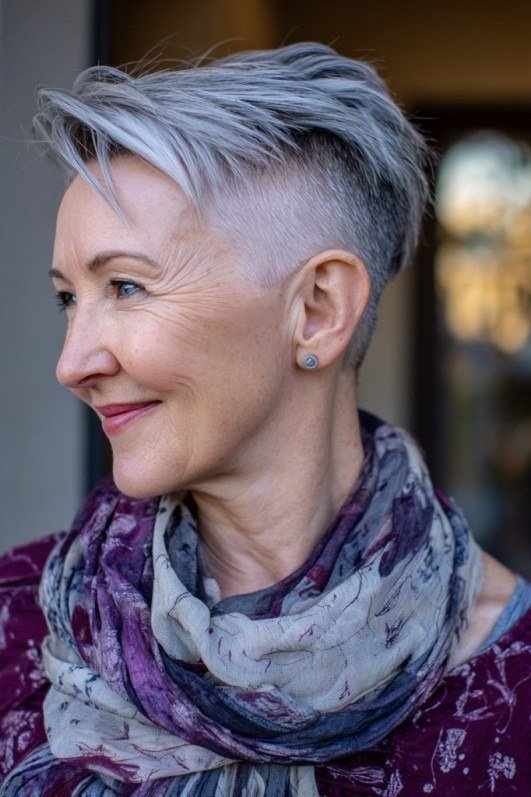 Silver undercut pixie for women over 60 with scarf, side view