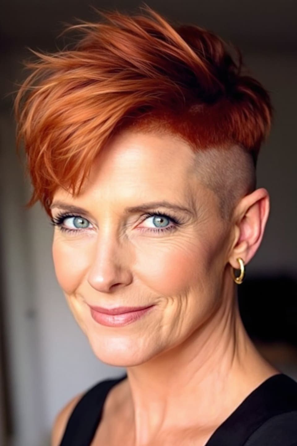 Copper red undercut pixie haircut for women over 60, multi-view