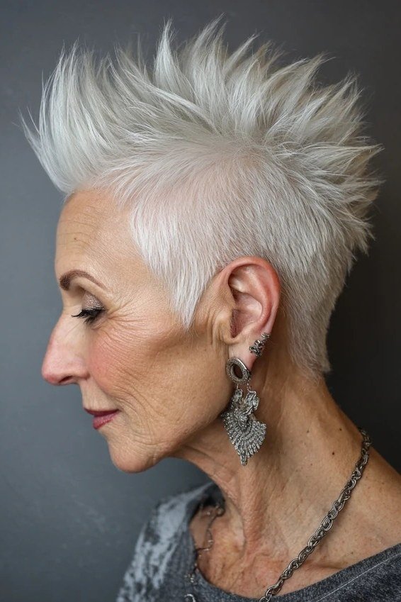 Spiky white pixie haircut for women over 60, side view