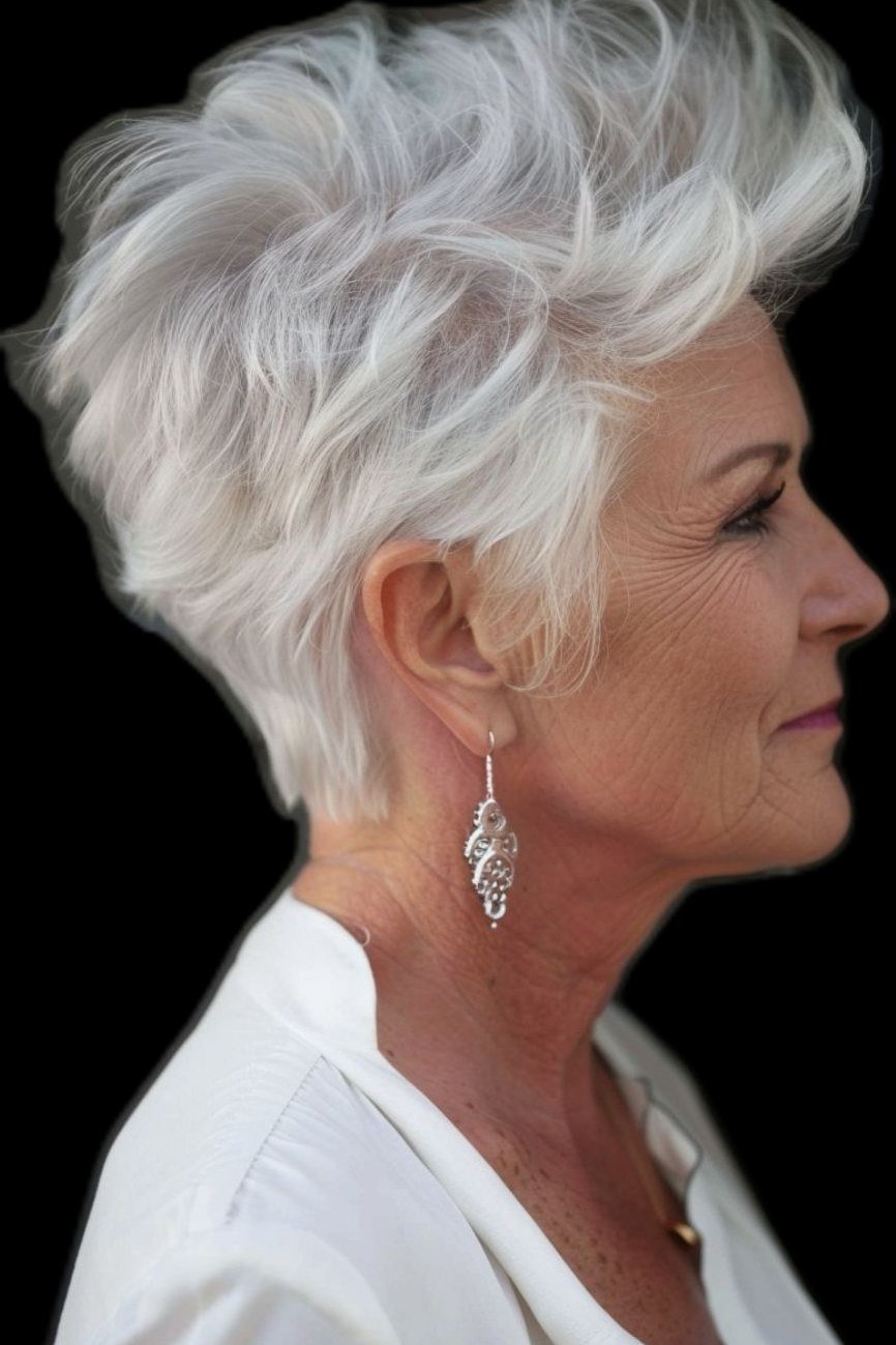 White spiky pixie for women over 60 on black background, side view