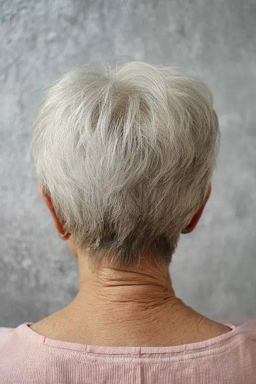 Gray blonde tapered pixie back view with neat nape for women over 60