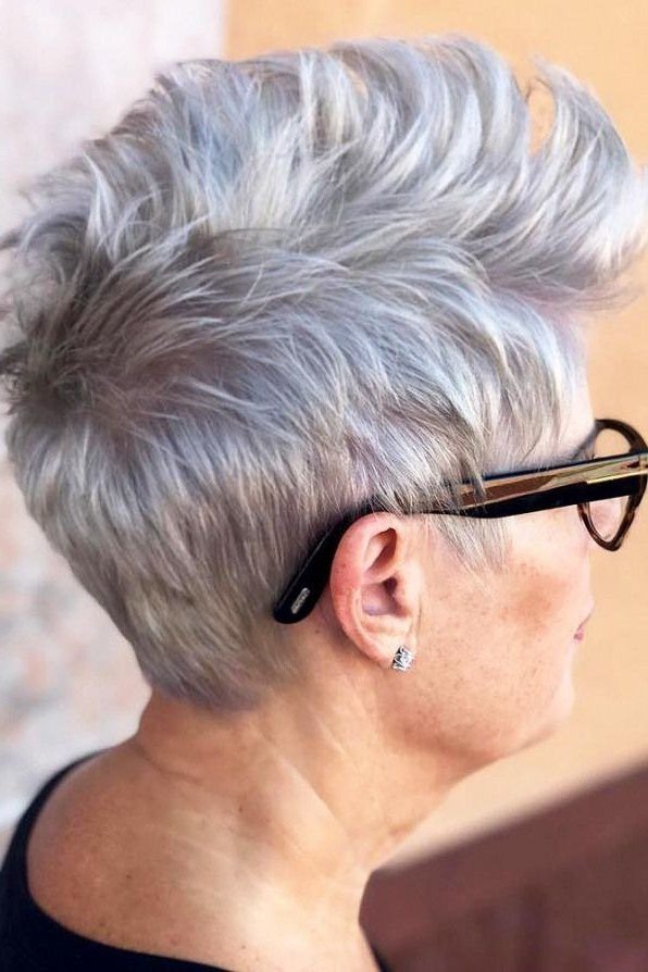Spiky silver pixie for women over 60 with glasses, side view