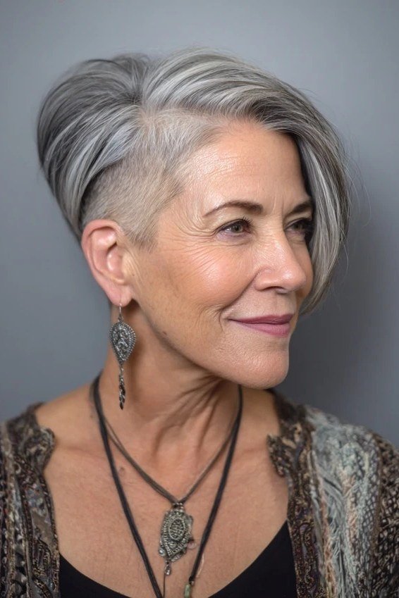 Gray pixie with shaved side design for women over 60