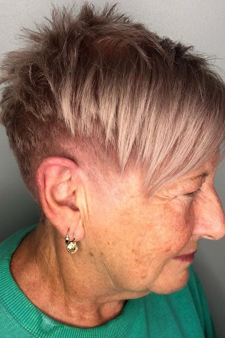Dark ash pixie with long front panel for women over 60, side view