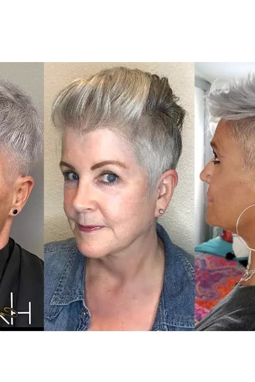 Mauve tinted pixie haircut for women over 60, three views collage