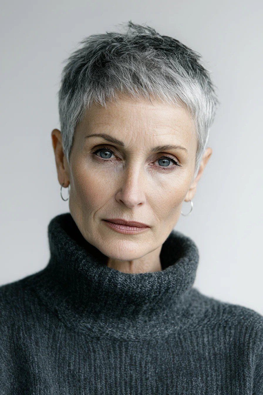 Brown pixie haircut for women over 60 with denim jacket