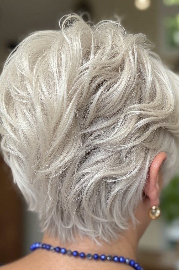 Honey blonde pixie haircut for women over 60, smiling, side view