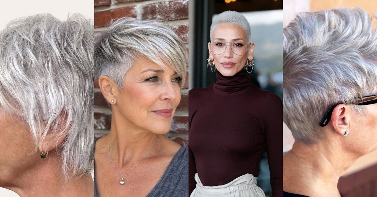 Collage of four tapered pixie haircuts for women over 60: silver textured pixie, silver undercut pixie, white pixie with glasses, blonde pixie