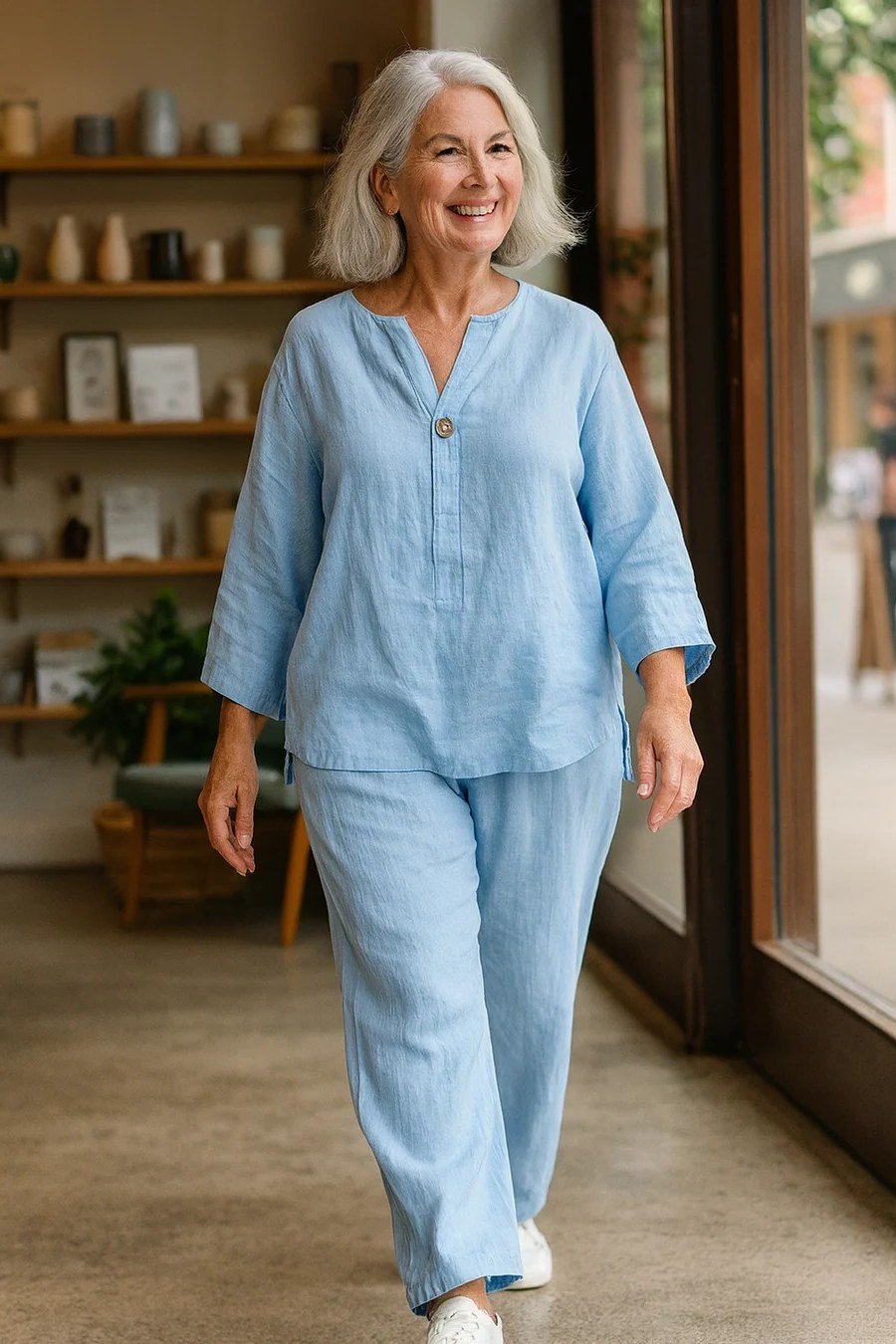 Older woman wearing light blue linen shirt and matching wide pants, walking indoors, a timeless casual outfit for women over 60.