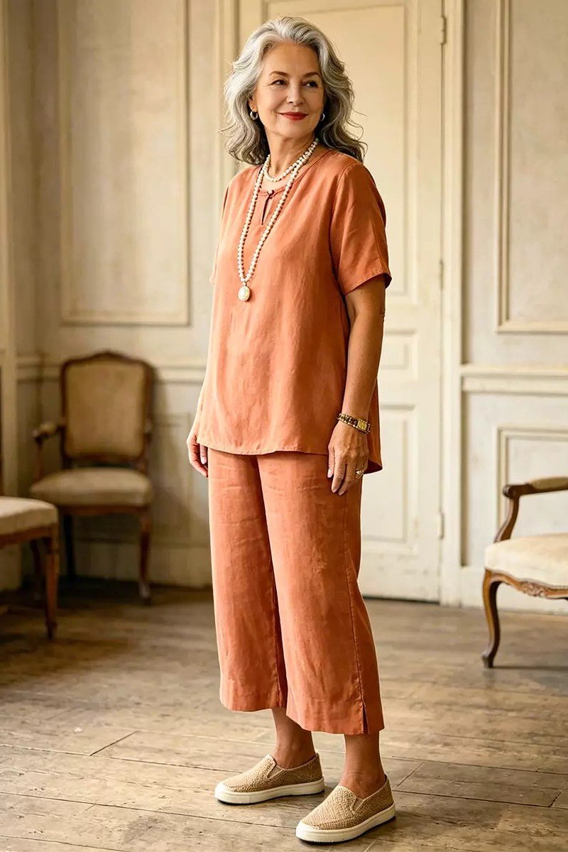 Older woman wearing terracotta rust short-sleeve linen top and cropped wide pants, a timeless casual outfit for women over 60.