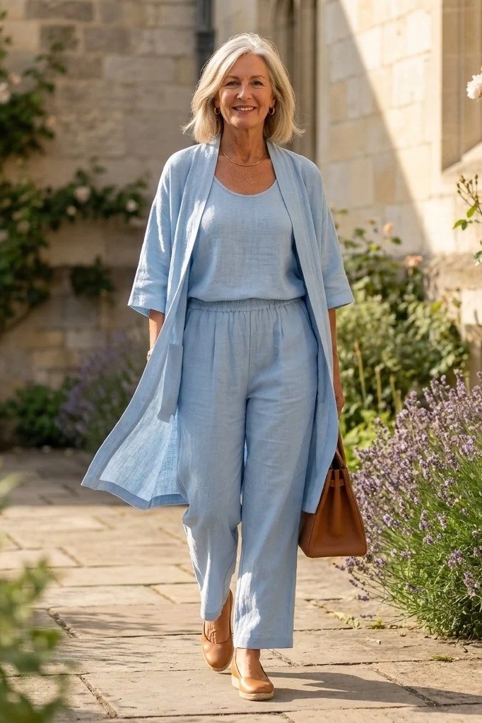 Older woman wearing light blue duster cardigan over matching top and pants, garden, a timeless casual outfit for women over 60.