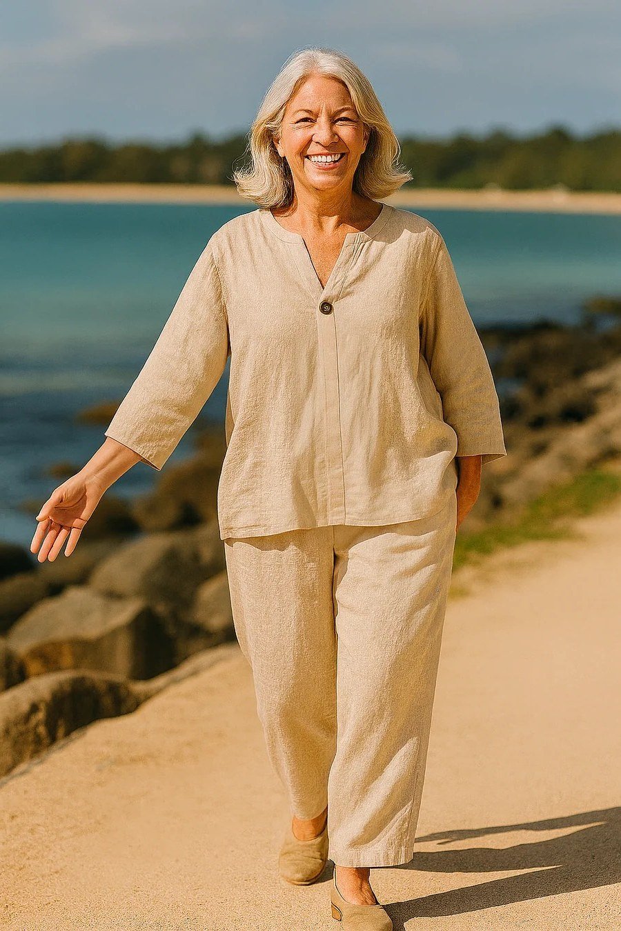 Older woman wearing beige linen tunic and wide pants, beach path, a timeless casual outfit for women over 60.