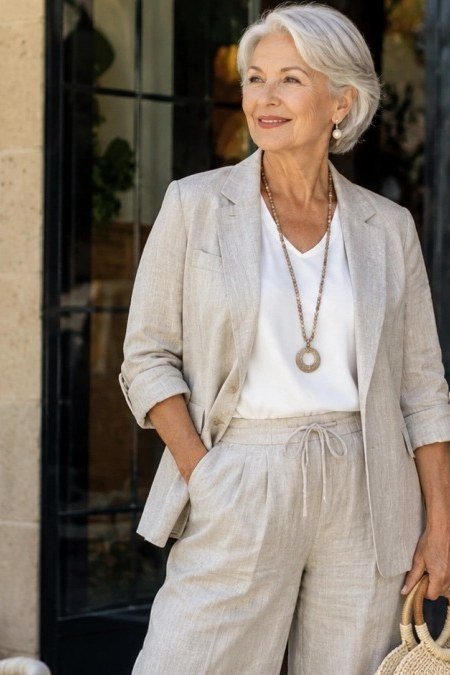 Older woman wearing light gray blazer and white top and gray pants, boutique storefront, a timeless casual outfit for women over 60.