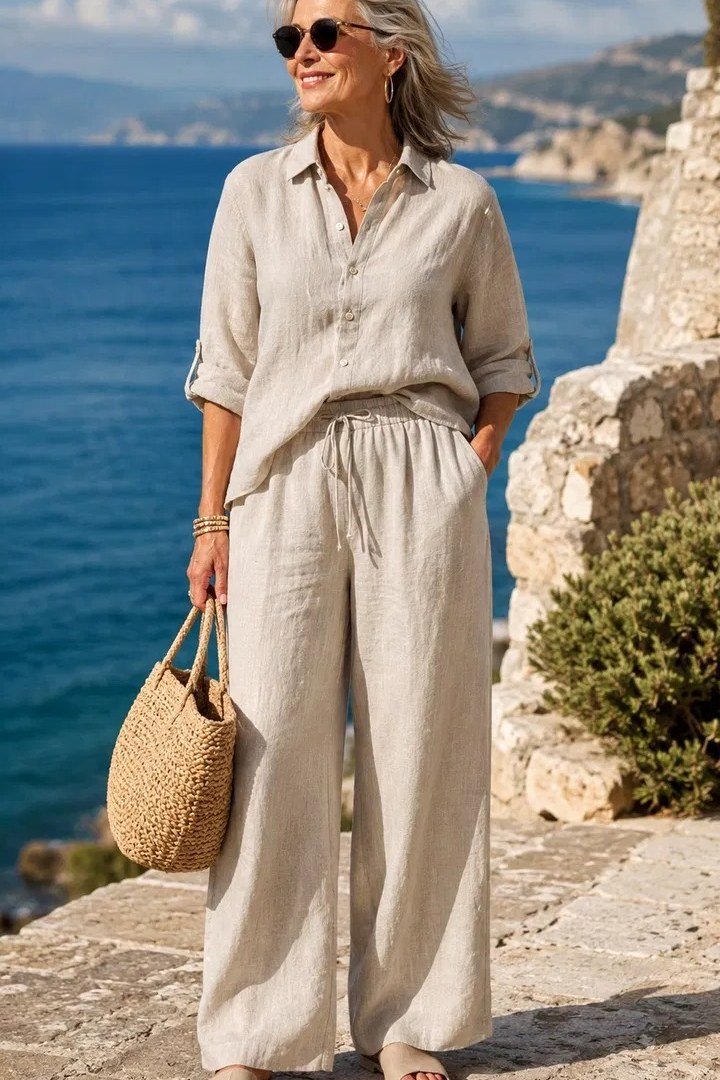 Older woman wearing gray linen shirt and wide pants, straw tote, seaside, a timeless casual outfit for women over 60.
