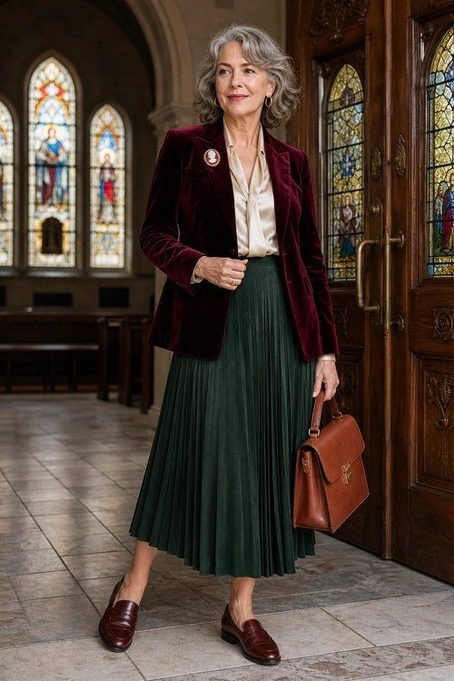 Older woman wearing burgundy velvet blazer and emerald pleated midi skirt, church door, a timeless casual outfit for women over 60.