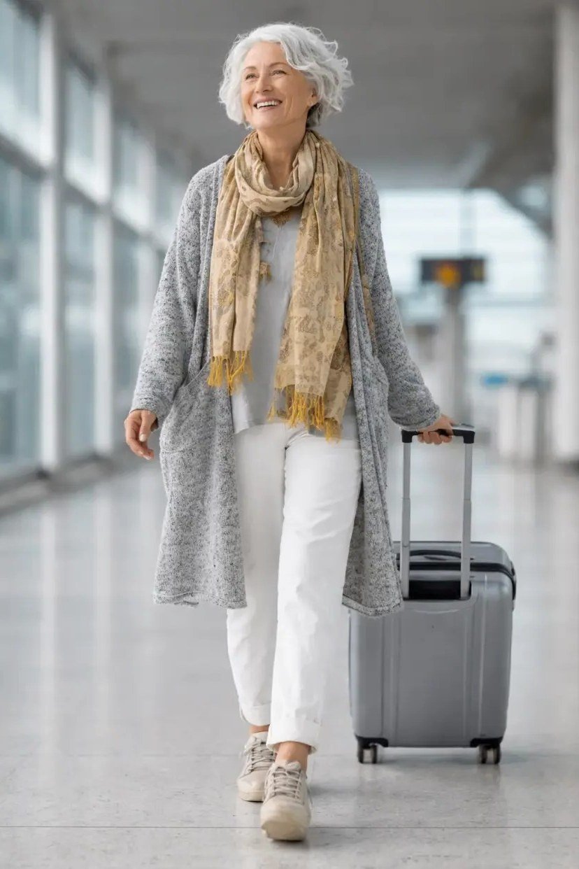 Older woman wearing gray knit cardigan and white pants and printed scarf, airport, a timeless casual outfit for women over 60.