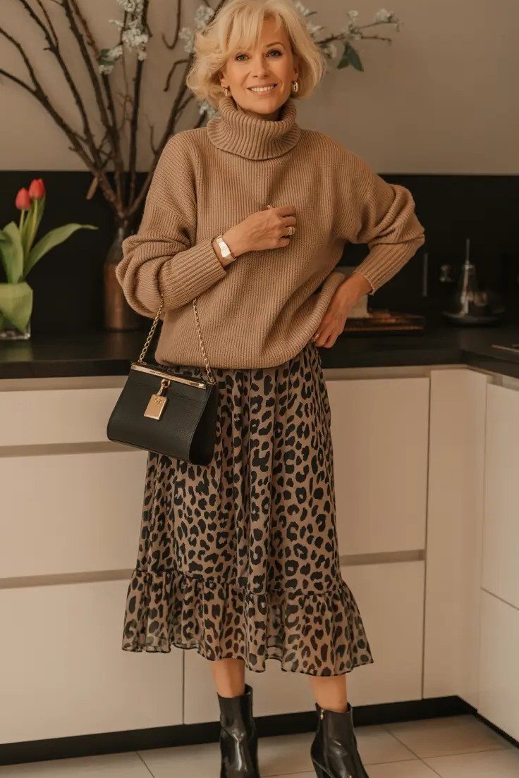 Older woman wearing camel turtleneck and leopard midi skirt and black ankle boots, kitchen, a timeless casual outfit for women over 60.