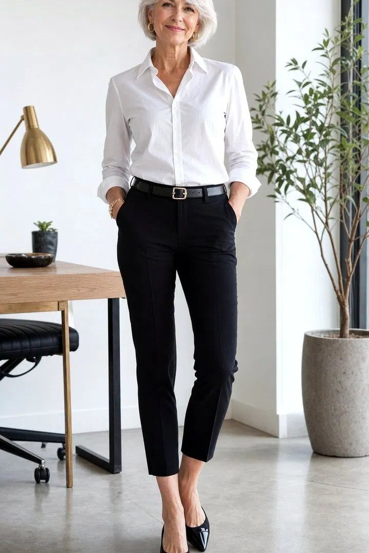 Older woman wearing white button shirt and black tapered pants, minimalist interior, a timeless casual outfit for women over 60.