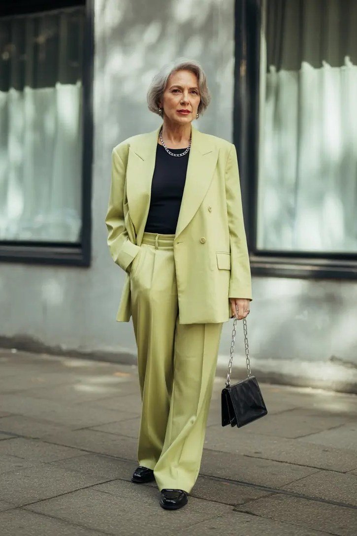 Older woman wearing lime green suit and black top, city sidewalk, a timeless casual outfit for women over 60.