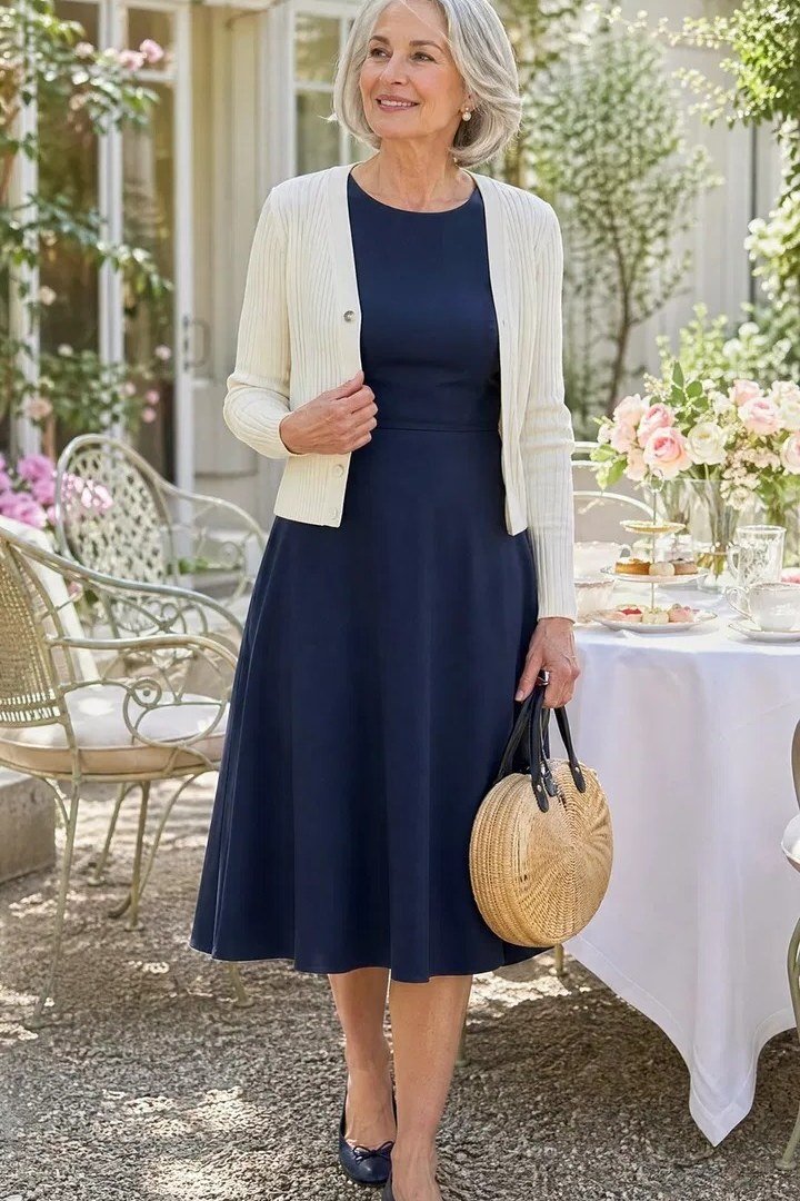 Older woman wearing navy fit-and-flare dress and white cropped jacket, garden party, a timeless casual outfit for women over 60.