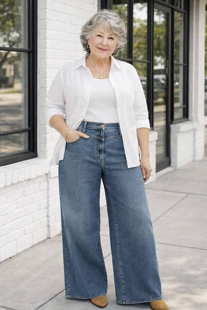 Older woman wearing white button shirt and wide-leg jeans, white brick, a timeless casual outfit for women over 60.