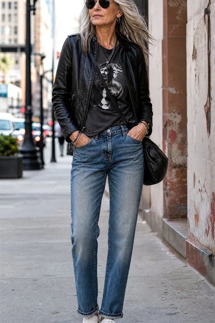 Older woman wearing black leather jacket and graphic tee and medium wash jeans, city, a timeless casual outfit for women over 60.