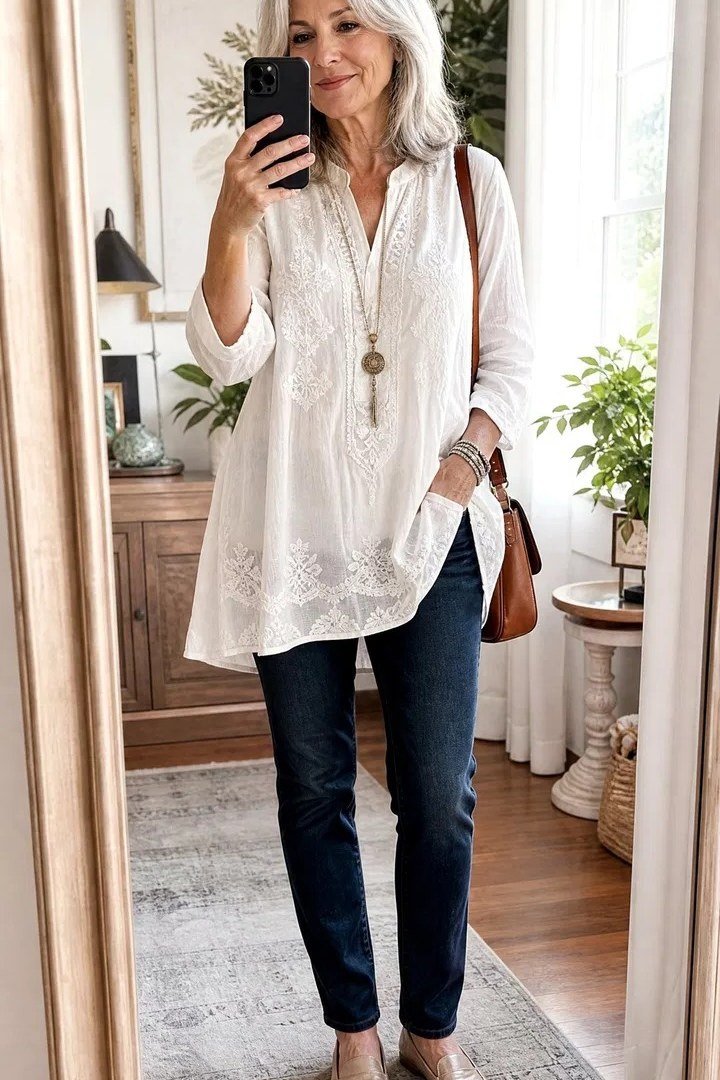 Older woman wearing white embroidered tunic and dark skinny jeans, mirror selfie, a timeless casual outfit for women over 60.