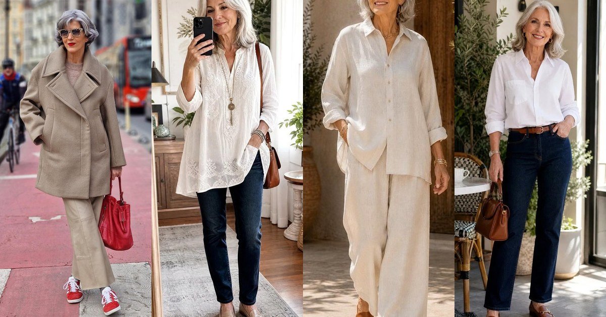 Collage of timeless casual outfits for women over 60, from breezy linen sets and denim looks to elegant dresses and cozy winter layers.