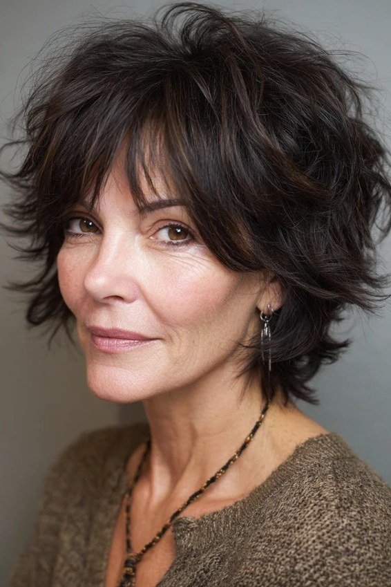 dark shaggy textured bob piecey - textured bob haircut idea for women over 60