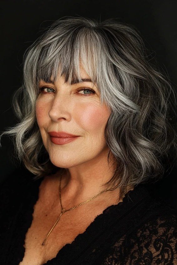 grey wavy textured bob with bangs - textured bob haircut idea for women over 60
