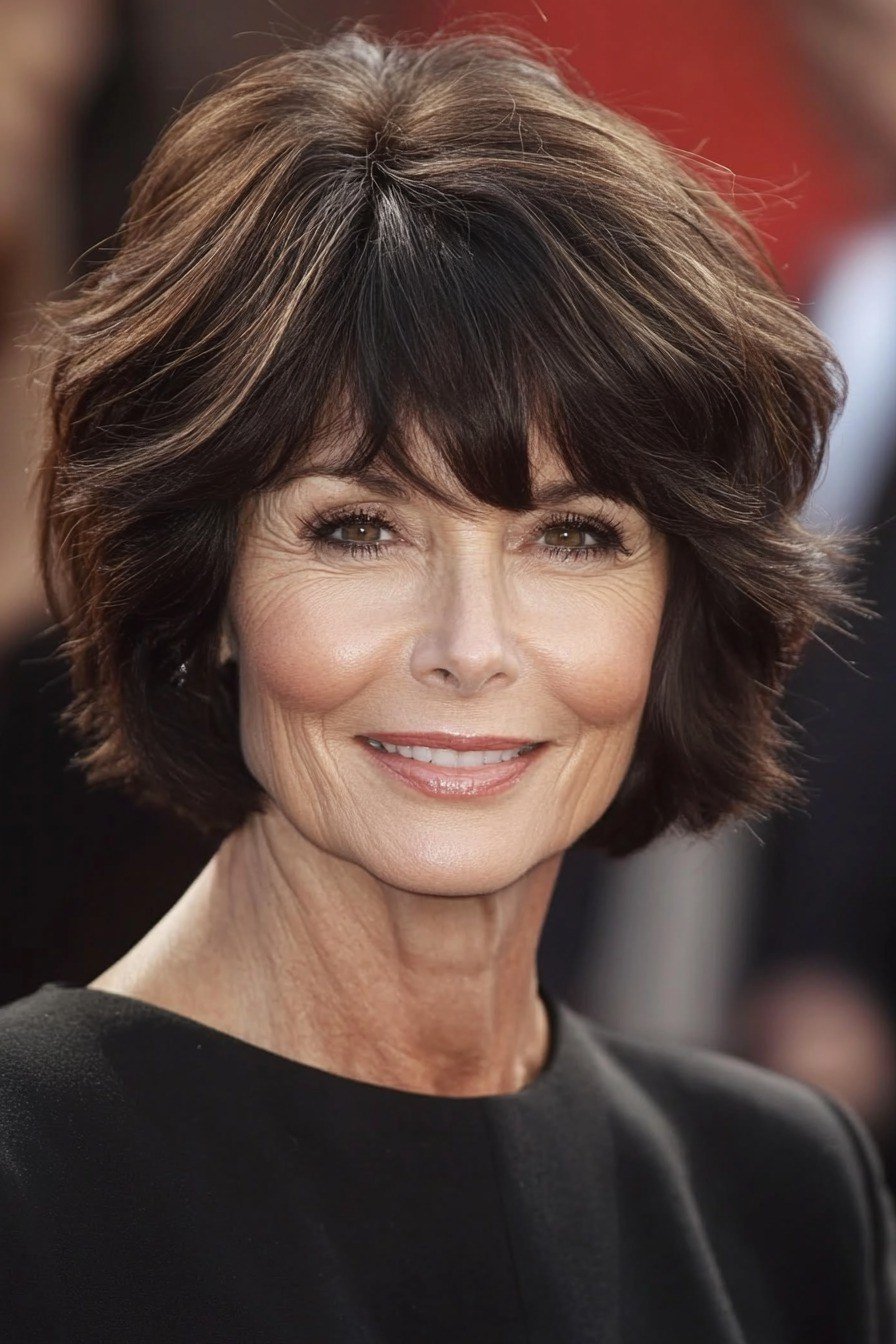 dark textured bob with bangs rounded - textured bob haircut idea for women over 60