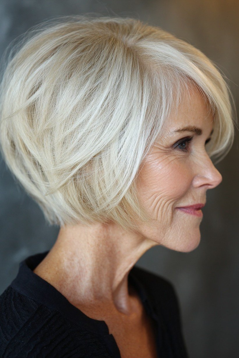 platinum textured bob side part - textured bob haircut idea for women over 60