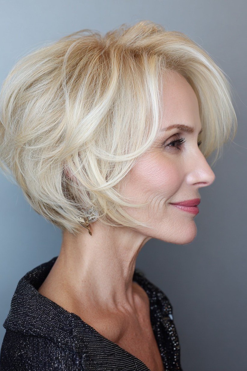 platinum layered textured bob voluminous - textured bob haircut idea for women over 60